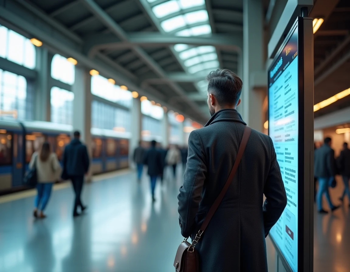 Homme lisant les dernières actualités sur un panneau d'informations numérique dans une gare urbaine animée
