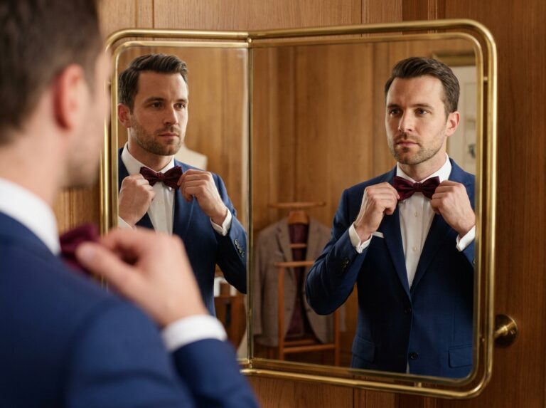 Homme en costume bleu marine ajustant un nœud papillon bordeaux en soie devant un miroir dans un dressing en bois