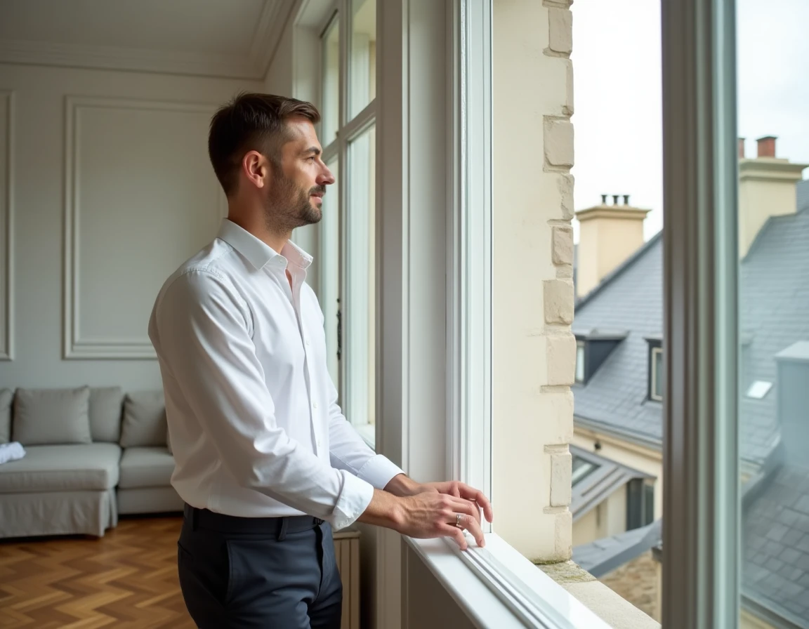 Homme regardant les toits de Paris depuis un appartement haussmannien, portrait éditorial sobre et authentique