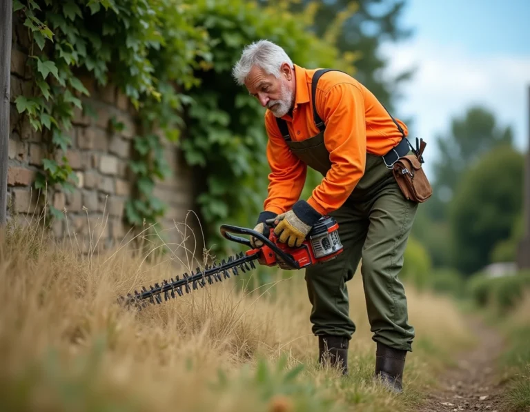 Homme utilisant une débroussailleuse thermique pour entretenir les bordures d'un jardin rural en été