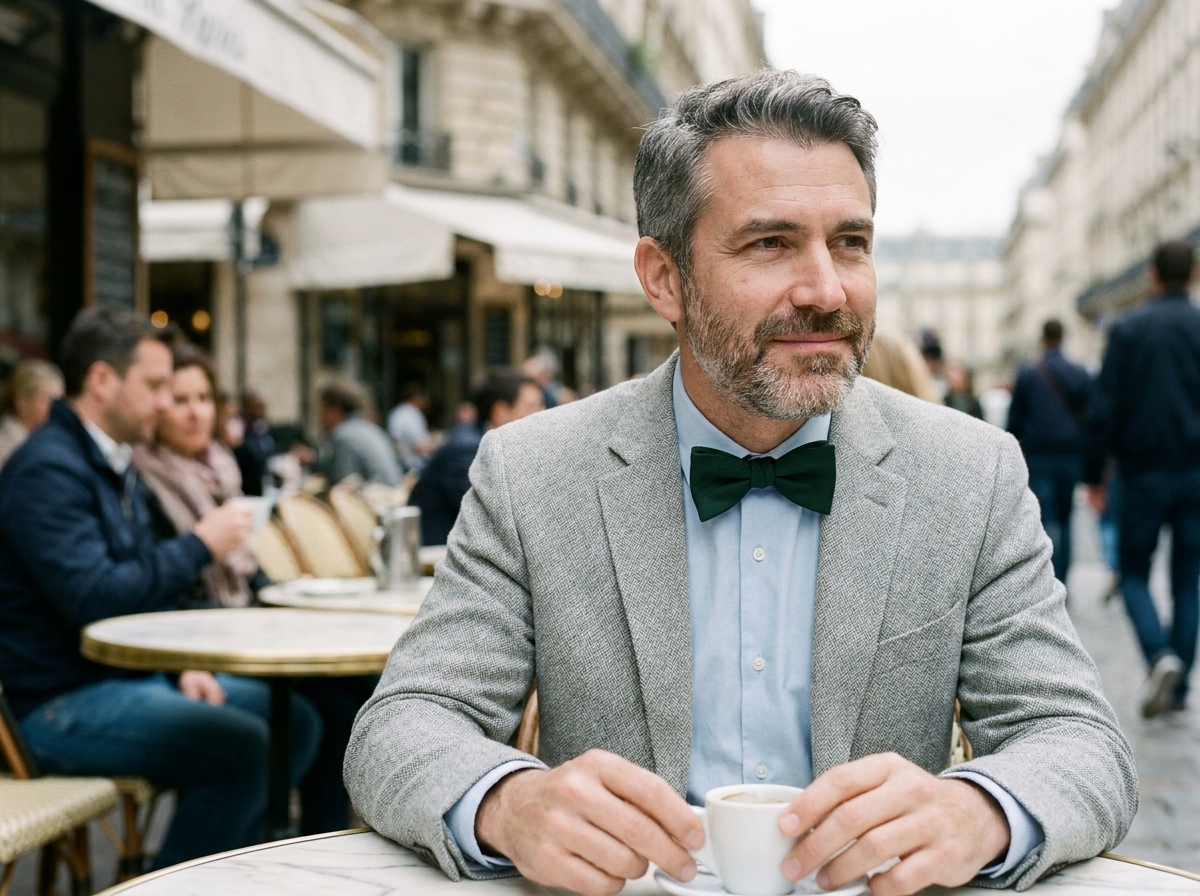 Homme élégant en veste à chevrons gris portant un nœud papillon vert forêt assis en terrasse d'un café parisien