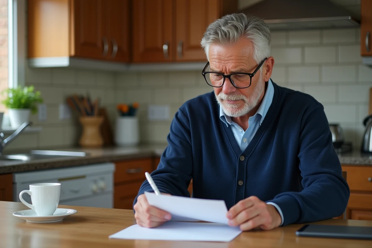 Homme âgé lisant une lettre reçue par erreur à une mauvaise adresse à la table de cuisine