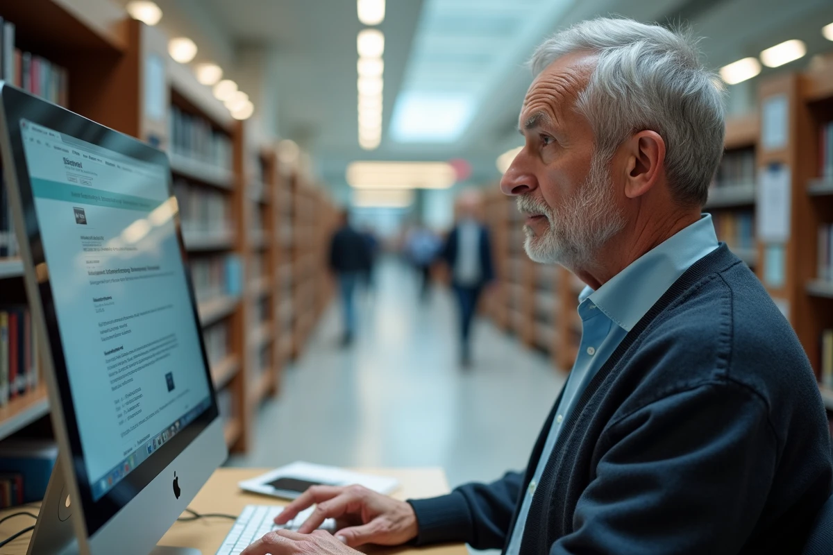 Homme âgé utilisant un ordinateur dans une bibliothèque moderne