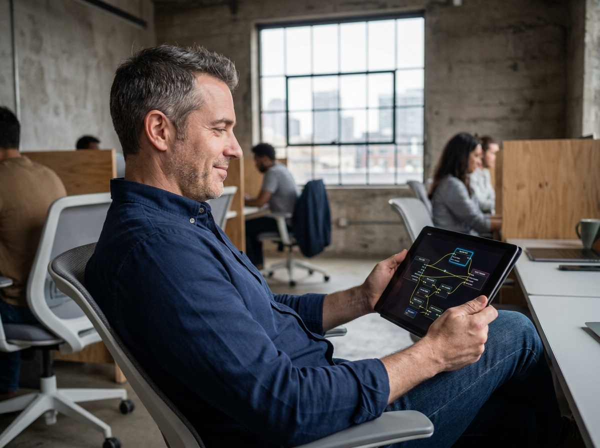 Homme utilisant une application no-code pour concevoir la logique d'un jeu vidéo dans un espace de coworking