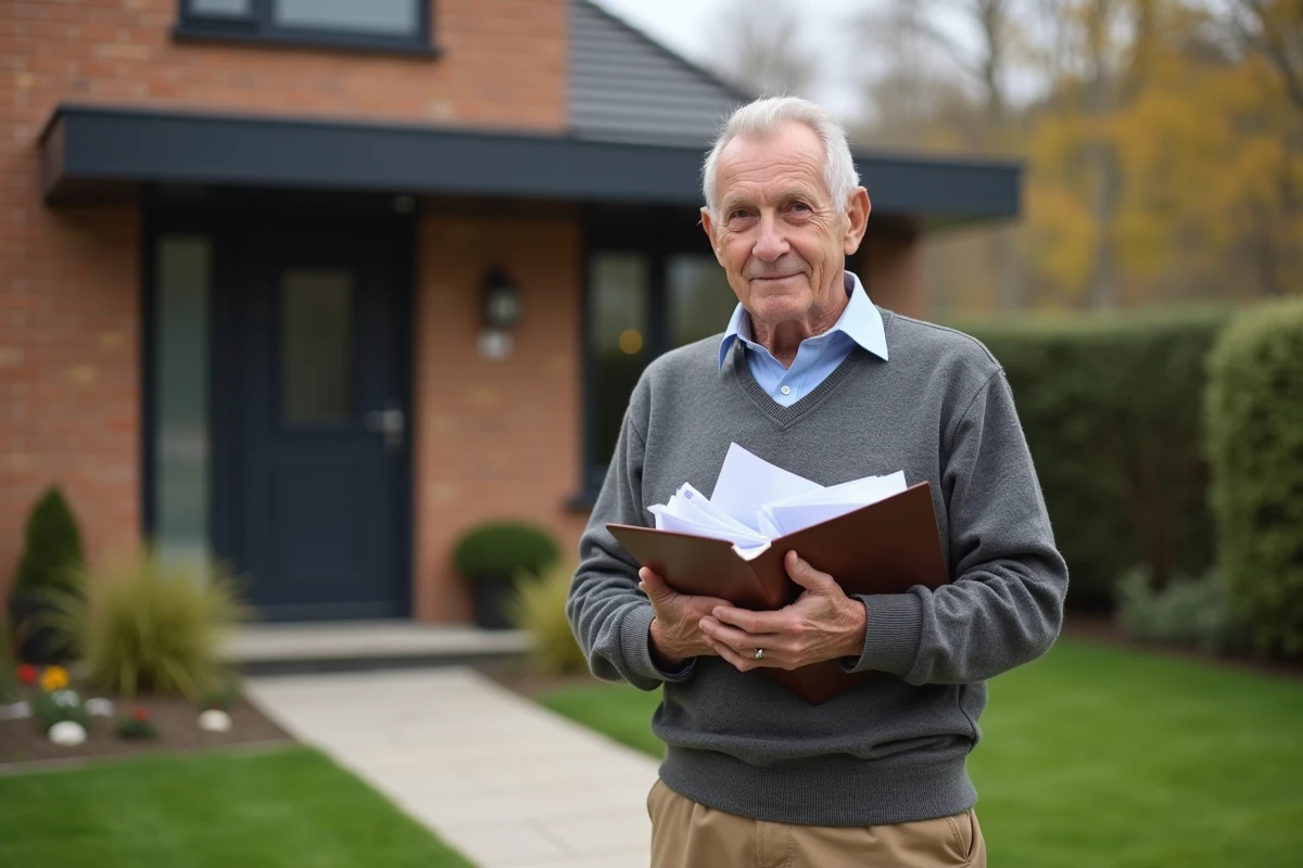 Homme d age devant maison moderne avec dossier en main