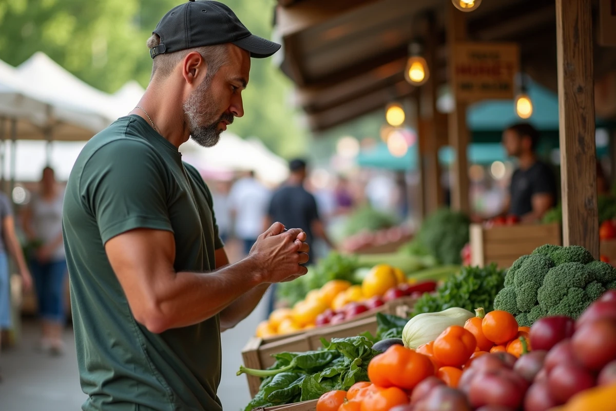 Homme sélectionnant des légumes frais sur un marché en plein air, symbolisant une alimentation saine et équilibrée pour la santé
