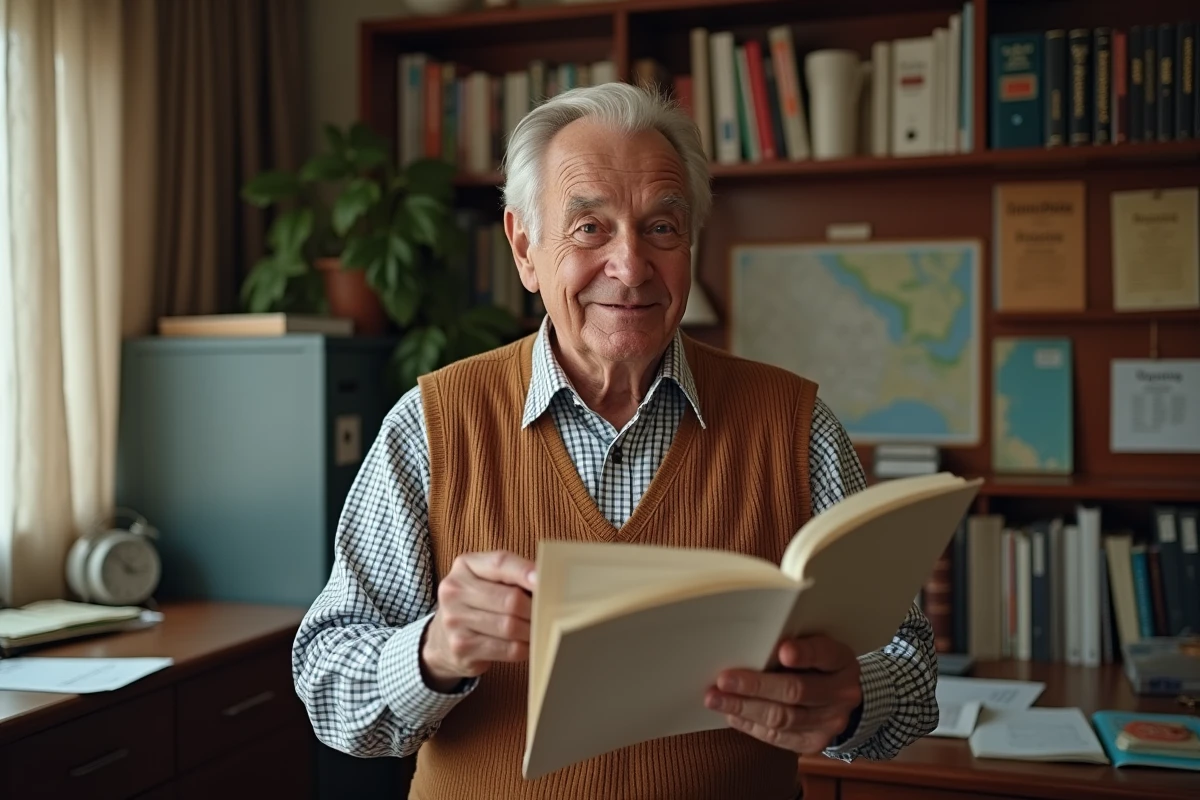 Homme âgé consultant un annuaire dans son bureau organisé