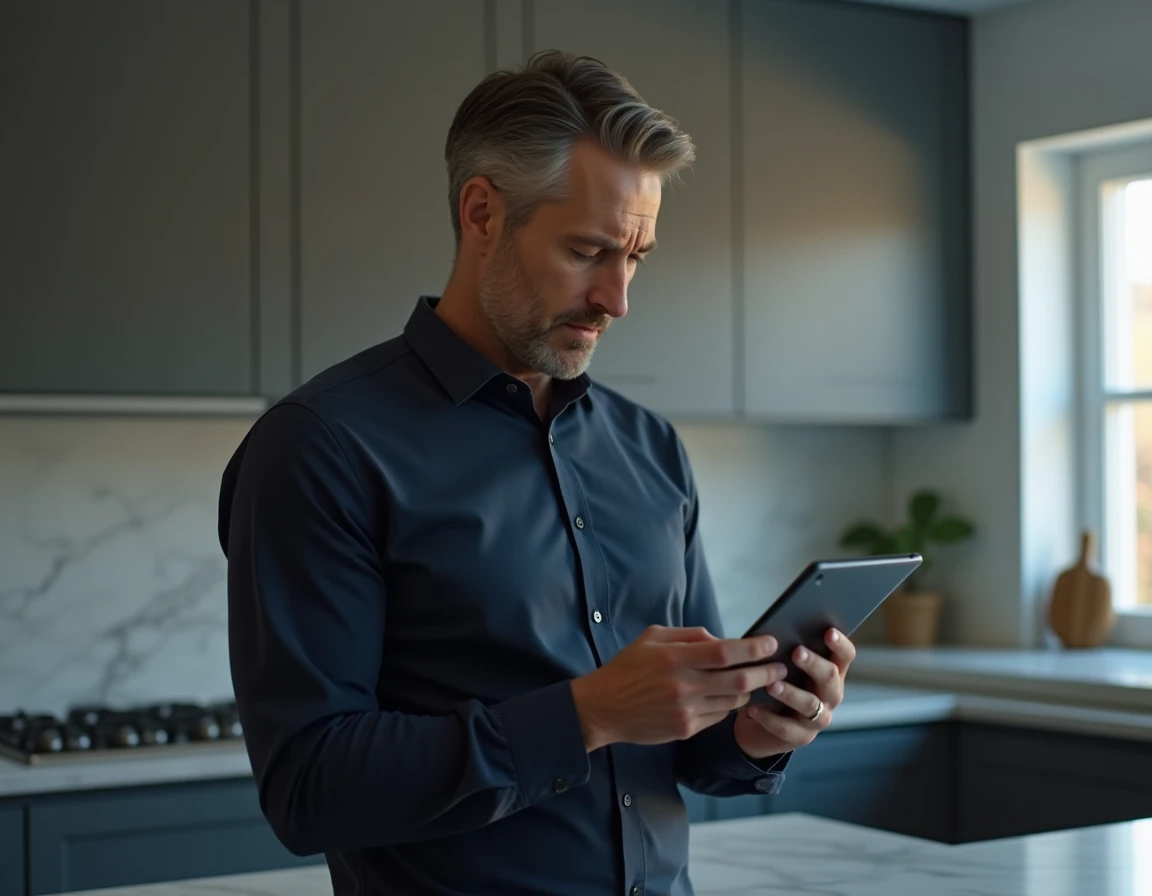 Homme consultant les paramètres de son téléphone pour résoudre un problème de recherche vocale désactivée dans une cuisine moderne