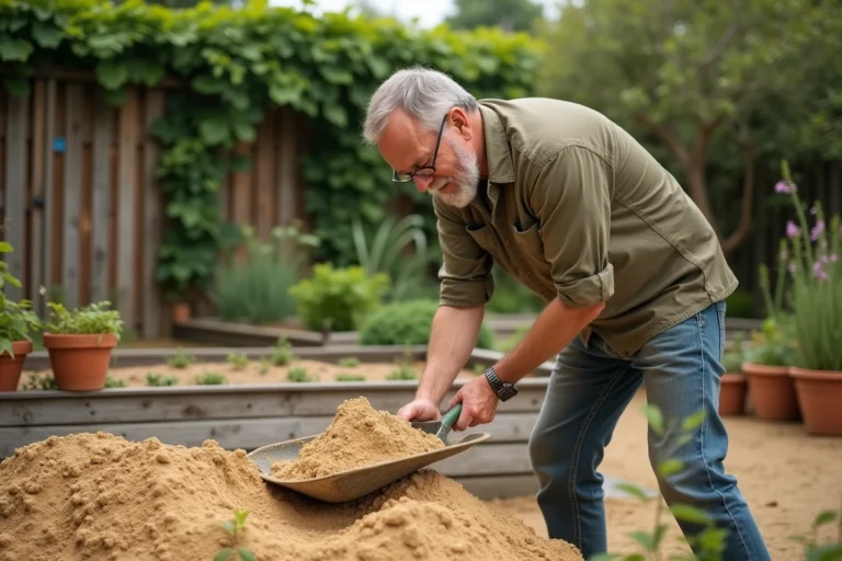 Homme en train de pelleter du sable gratuit dans une brouette pour aménager son jardin