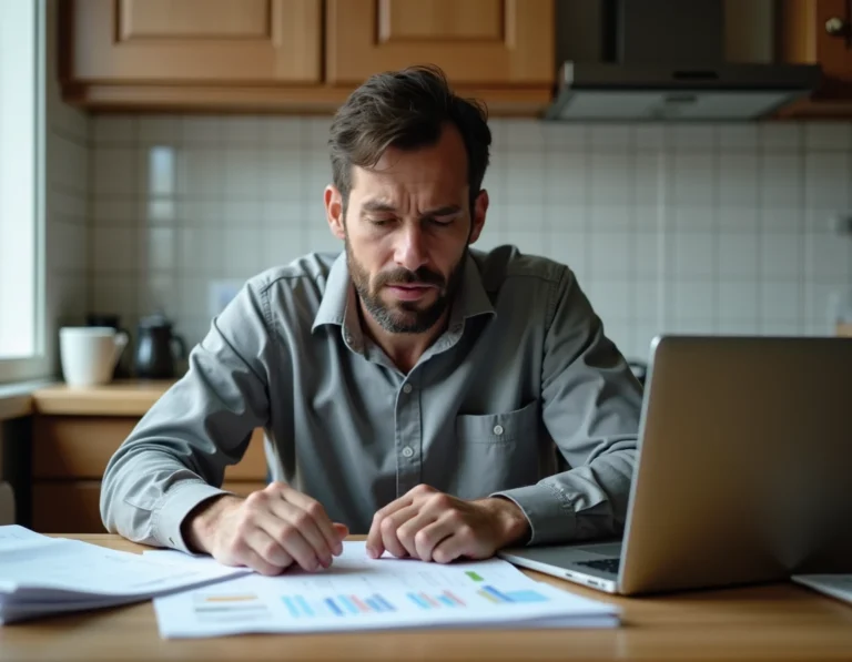 Homme stressé face à des documents de crédit impayés sur une table de cuisine, illustrant les difficultés de remboursement d'un Crédit Flex LCL