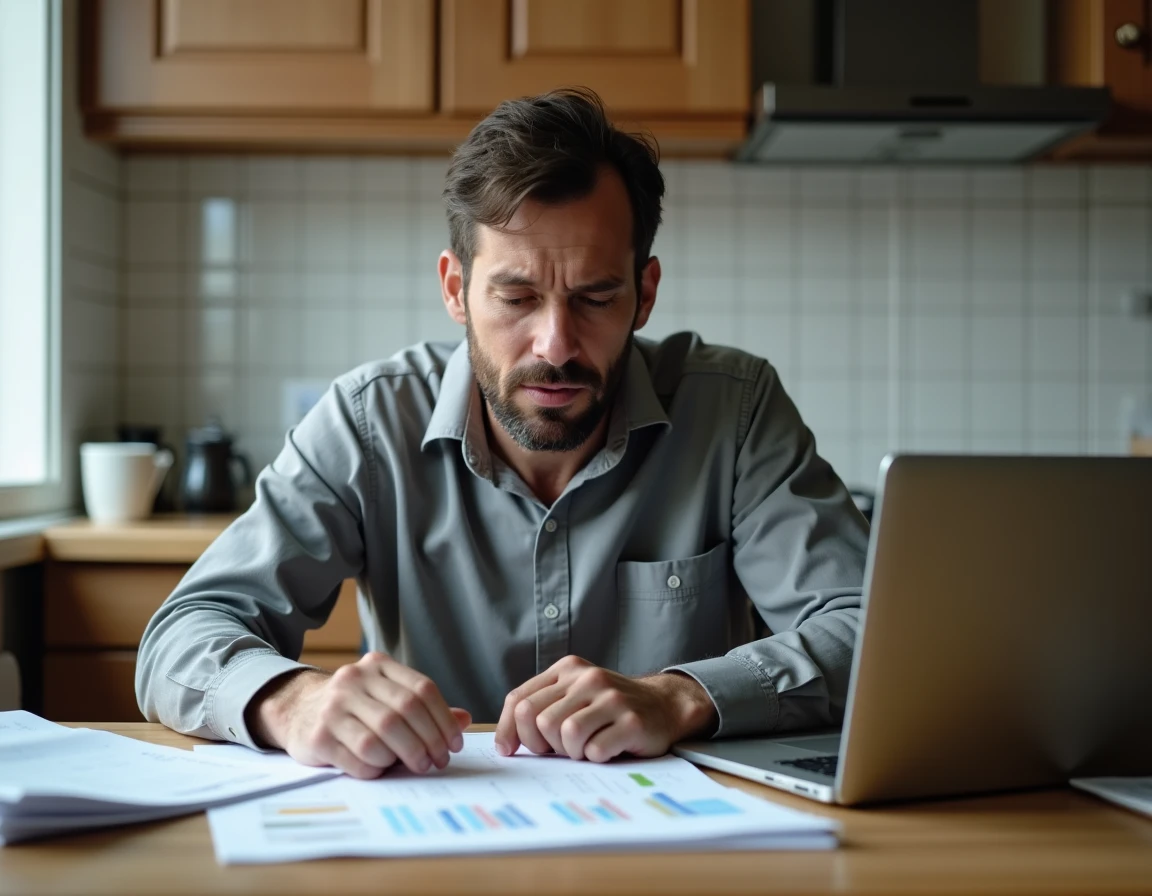 Homme stressé face à des documents de crédit impayés sur une table de cuisine, illustrant les difficultés de remboursement d'un Crédit Flex LCL