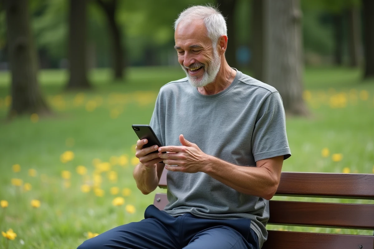 Homme utilisant une application de yoga du visage en plein air