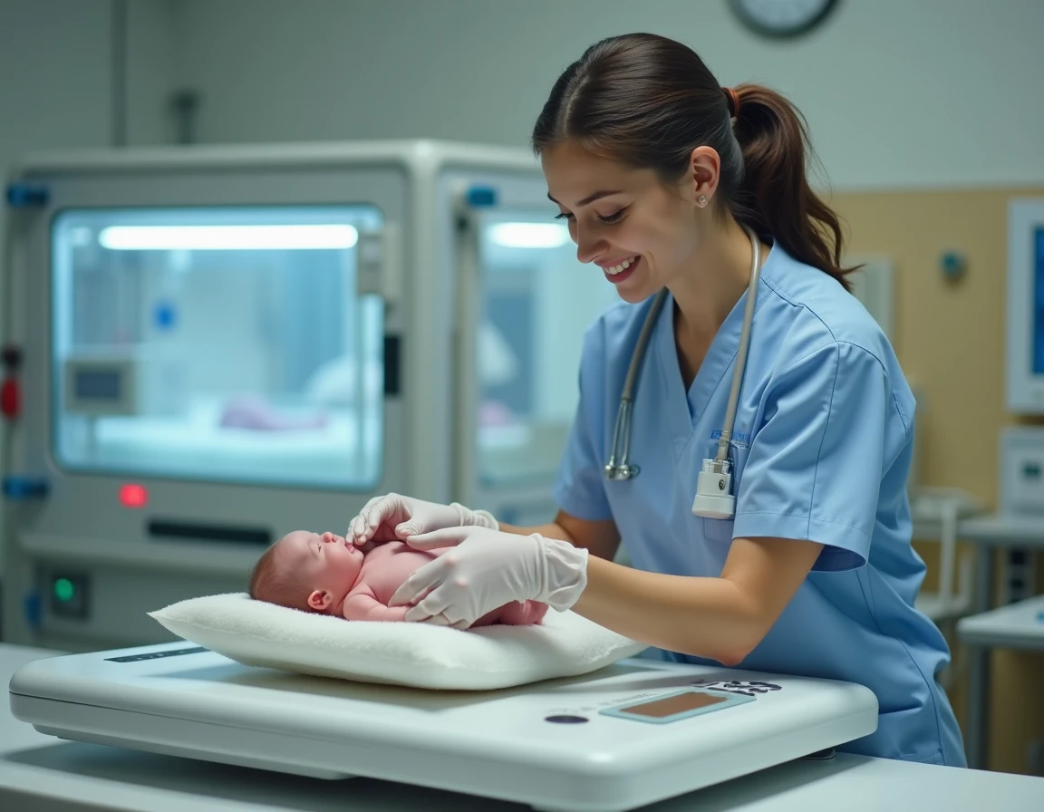 Infirmière en maternité pesant un bébé jumeau nouveau-né sur une balance médicale numérique dans une unité néonatale