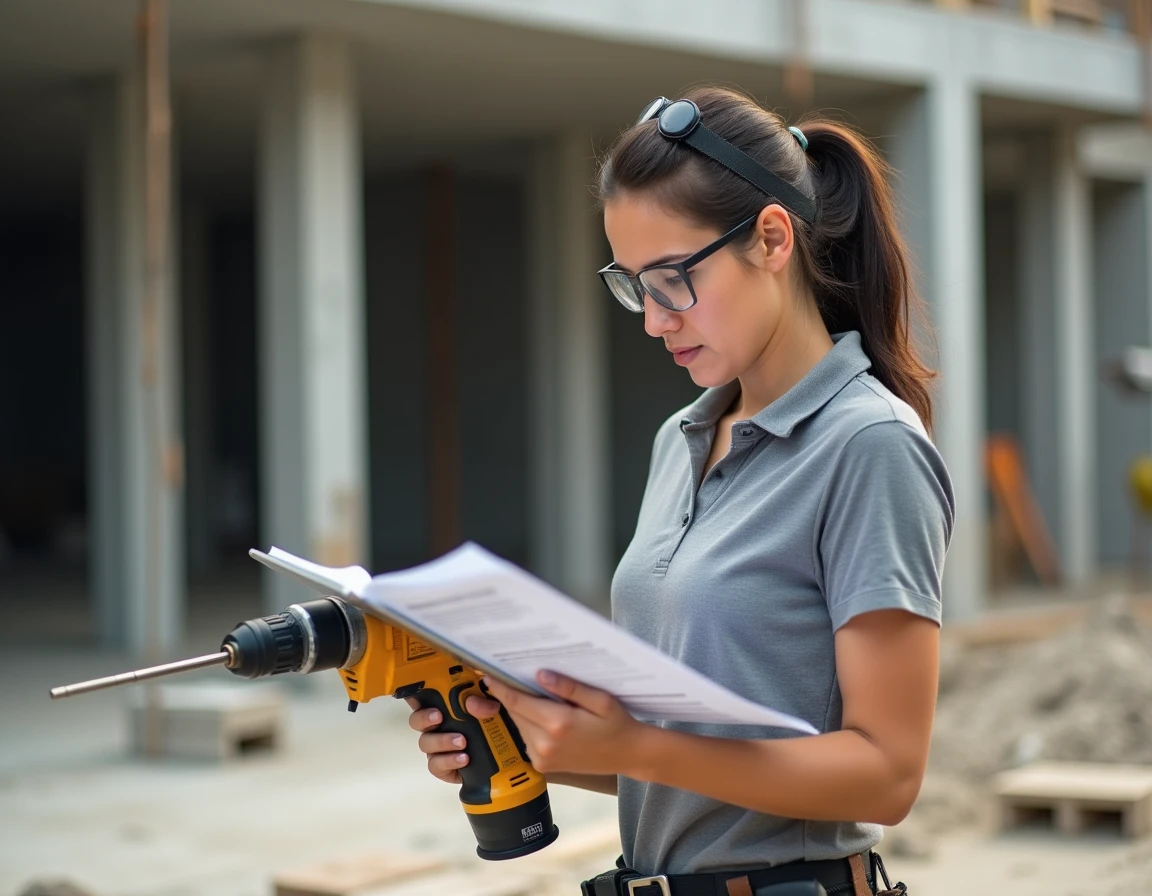 Ingénieure de maintenance consultant un manuel technique tout en tenant un perforateur Hilti sur un chantier de construction