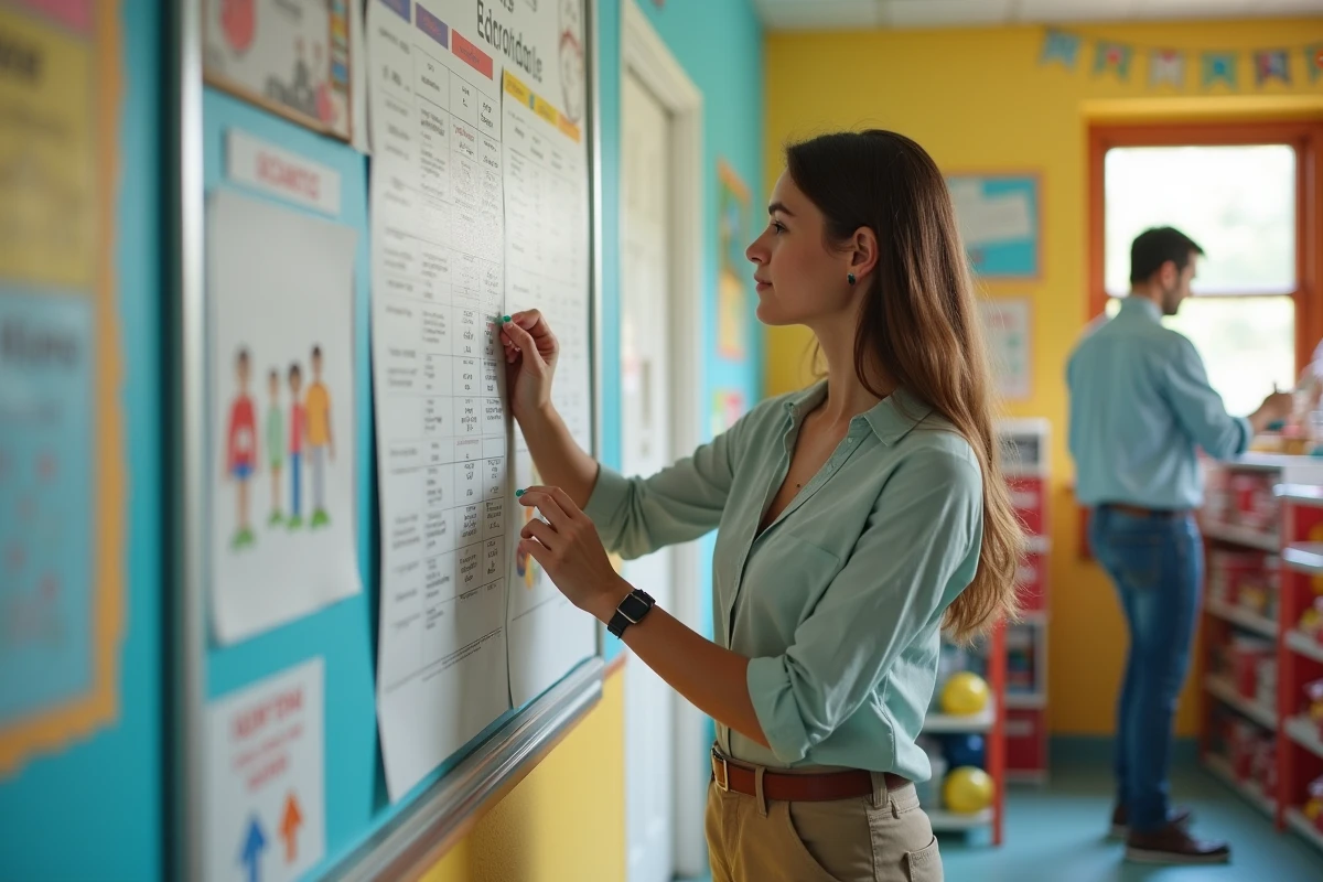 Jeune femme affichant un planning dans une salle d