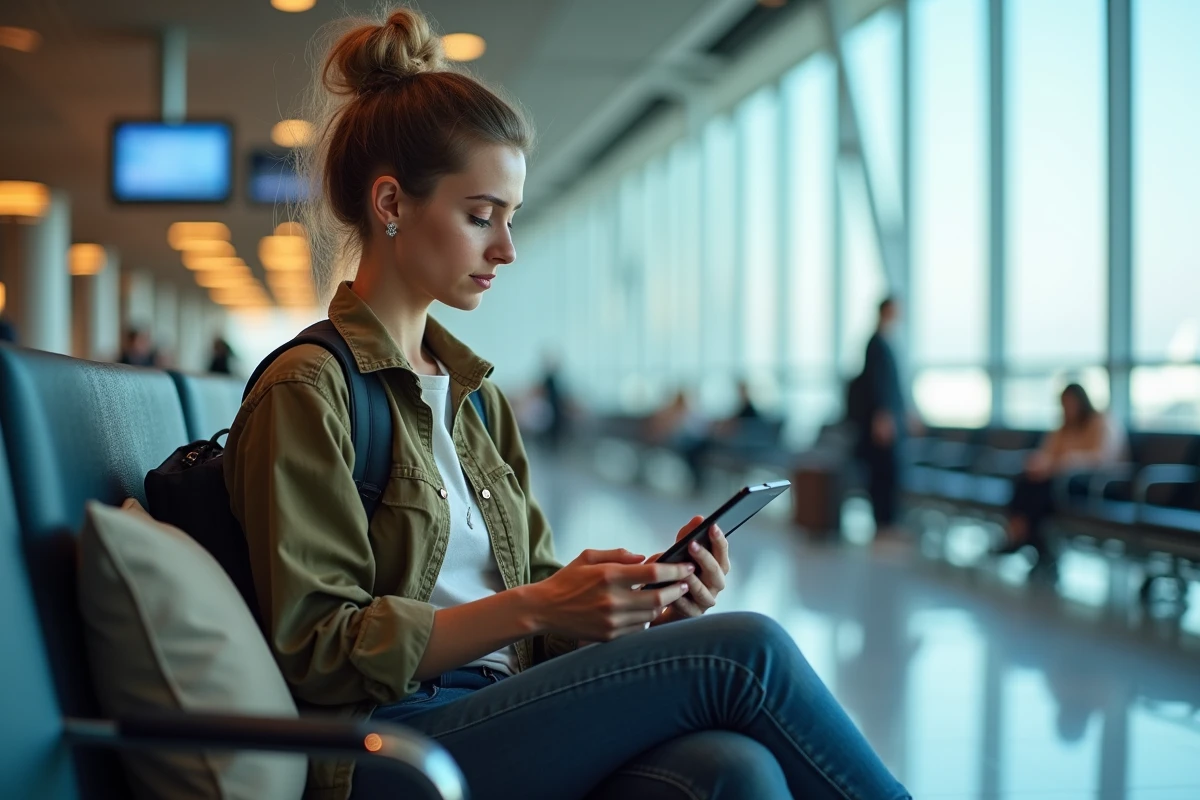 Jeune voyageuse regarde son smartphone dans un aeroport