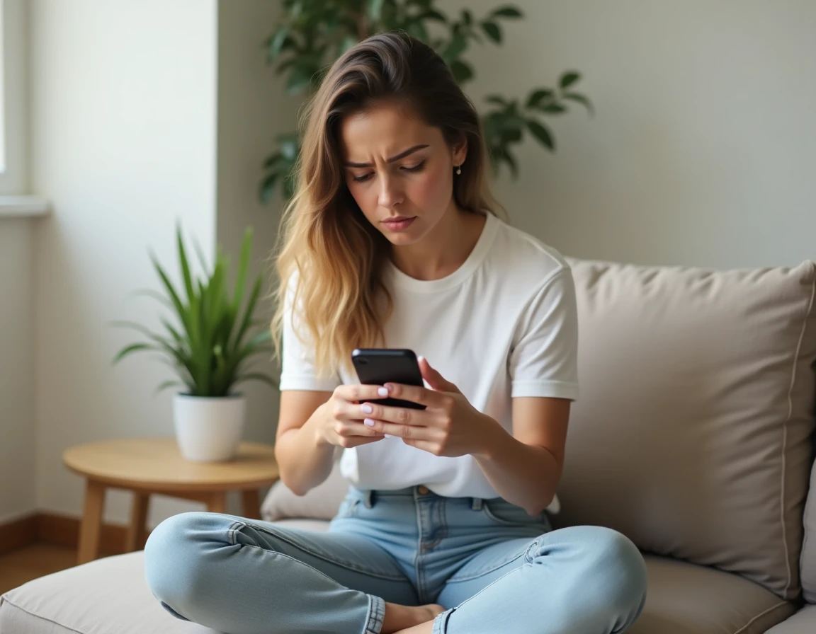 Jeune femme vérifiant les autorisations du microphone sur son smartphone pour réactiver la recherche vocale dans un salon minimaliste
