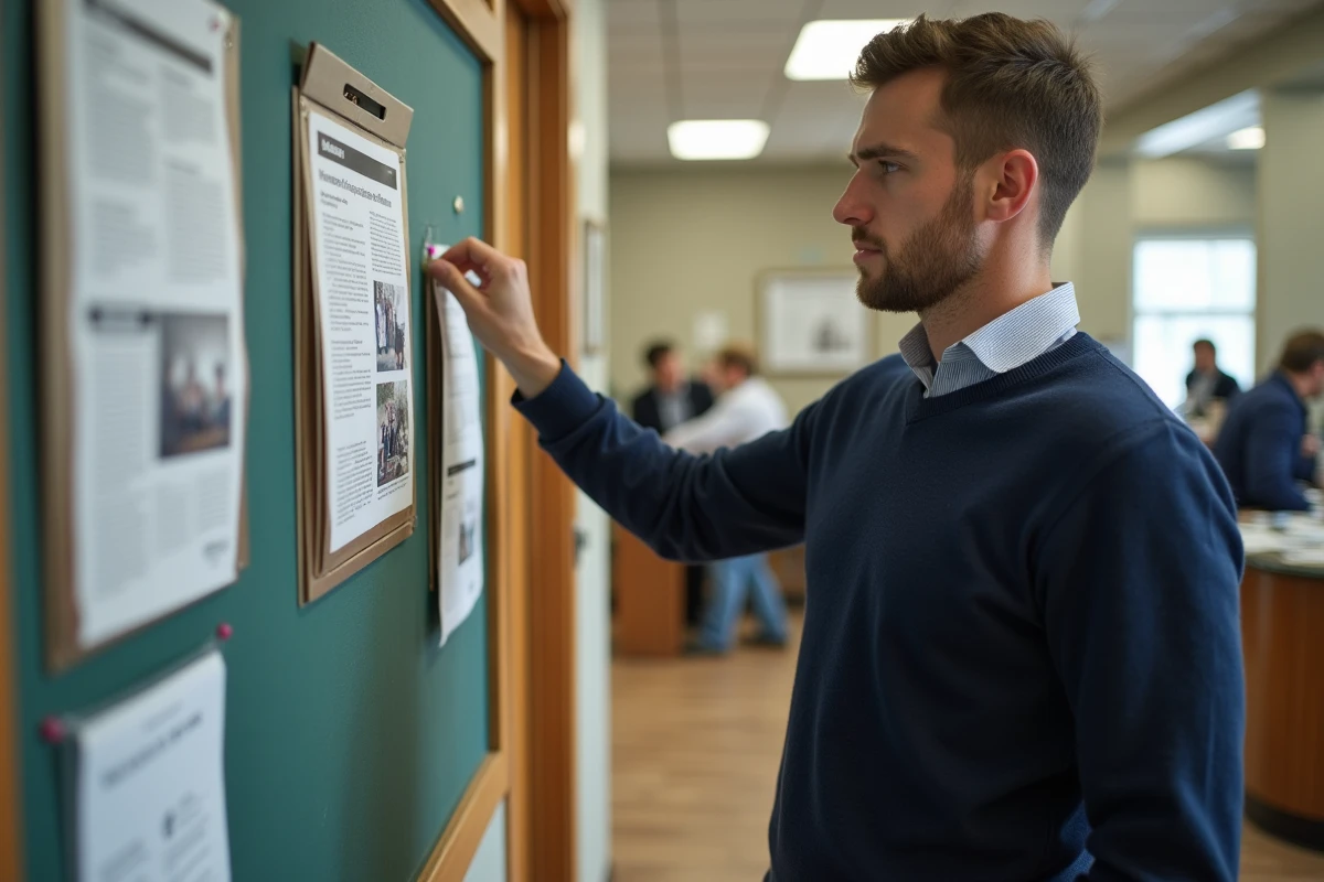 Jeune homme pinçant annonce sur panneau d