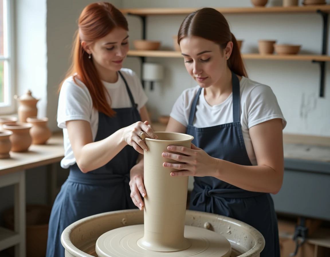 Jeune femme utilisant un outil en bois pour affiner les parois intérieures d'un vase en argile sur un tour de potier électrique moderne