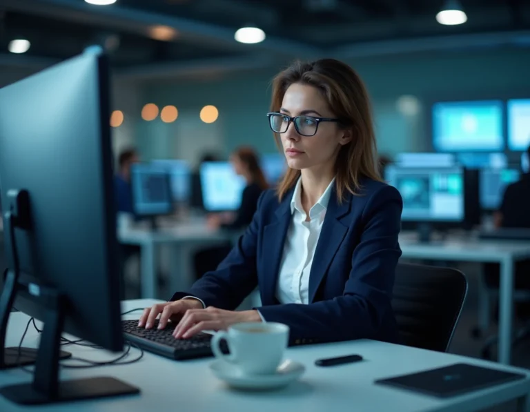 Journaliste femme concentrée dans une salle de rédaction moderne surveillant des flux d'actualités en temps réel sur plusieurs écrans