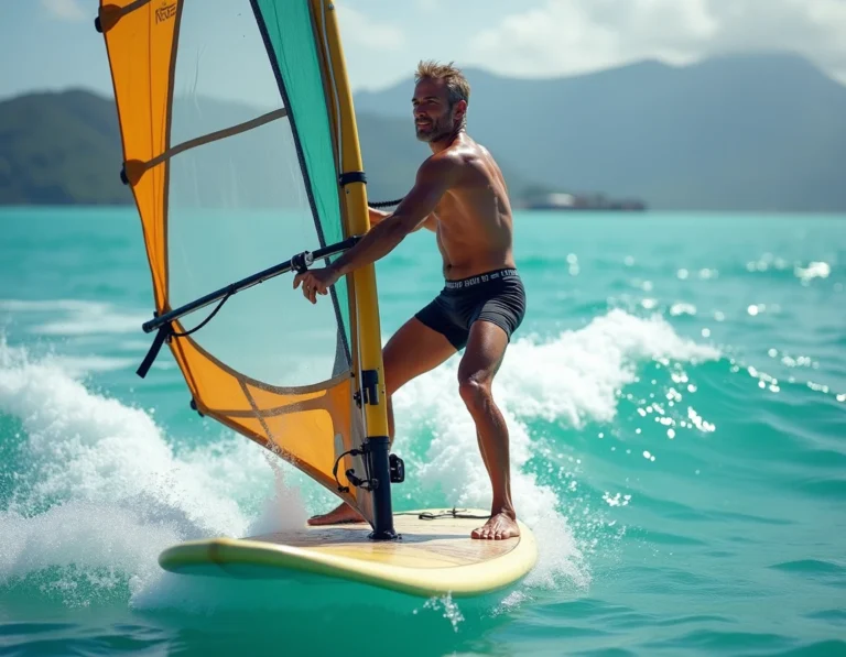 Légende du windsurf sur son board glissant sur un lagon turquoise tropical, vue au niveau de l'eau