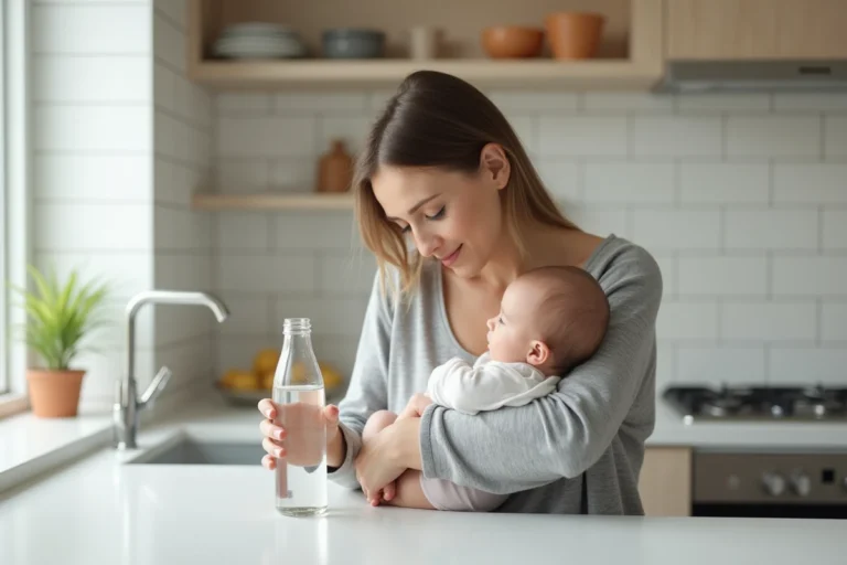 Mère tenant son bébé et une bouteille d'eau Saint Antonin dans une cuisine moderne, illustrant l'utilisation de l'eau minérale contre la constipation du nourrisson