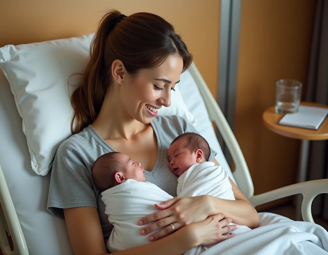 Jeune mère tenant ses deux bébés jumeaux nouveau-nés contre elle en peau à peau dans une chambre de maternité