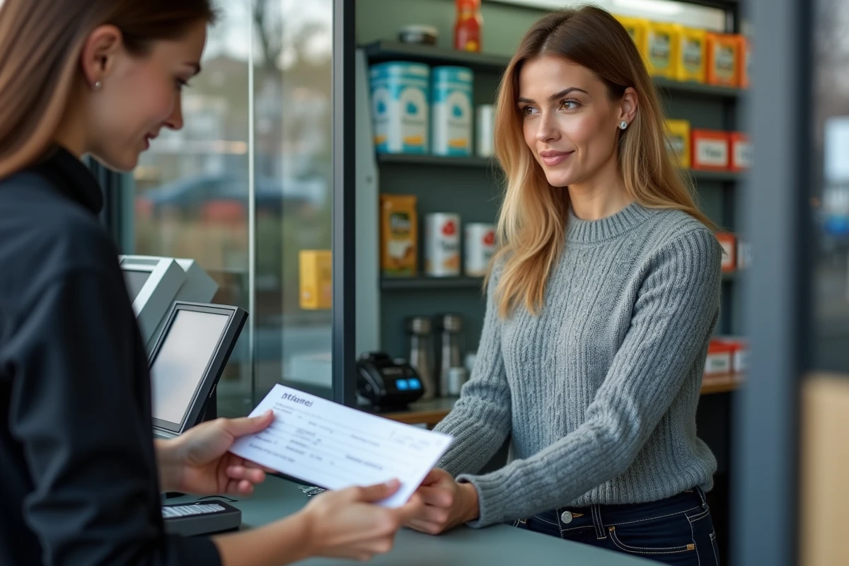 Femme remettant un chèque à un employé de station service en France