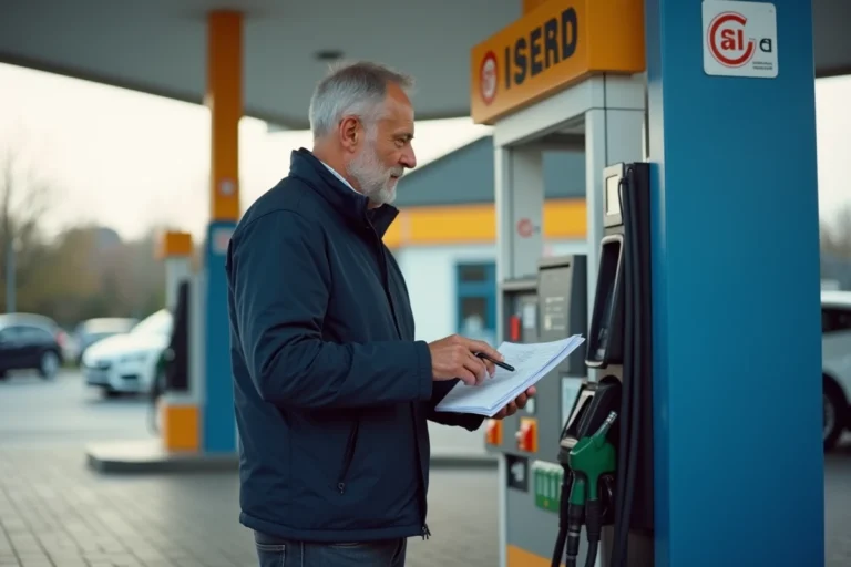 Homme d'âge mûr payant par chèque à une station essence en France