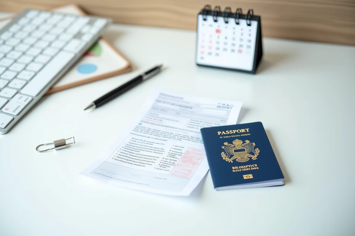 Passeport et confirmation biométrique posés sur un bureau avec calendrier symbolisant l'attente du visa