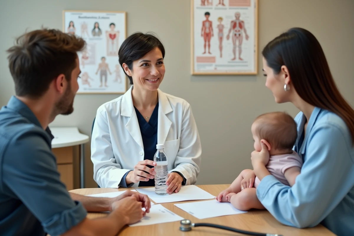 Pédiatre en consultation montrant une bouteille d'eau Saint Antonin à des jeunes parents avec leur bébé, dans un cabinet médical, pour illustrer les conseils médicaux sur la constipation du nourrisson