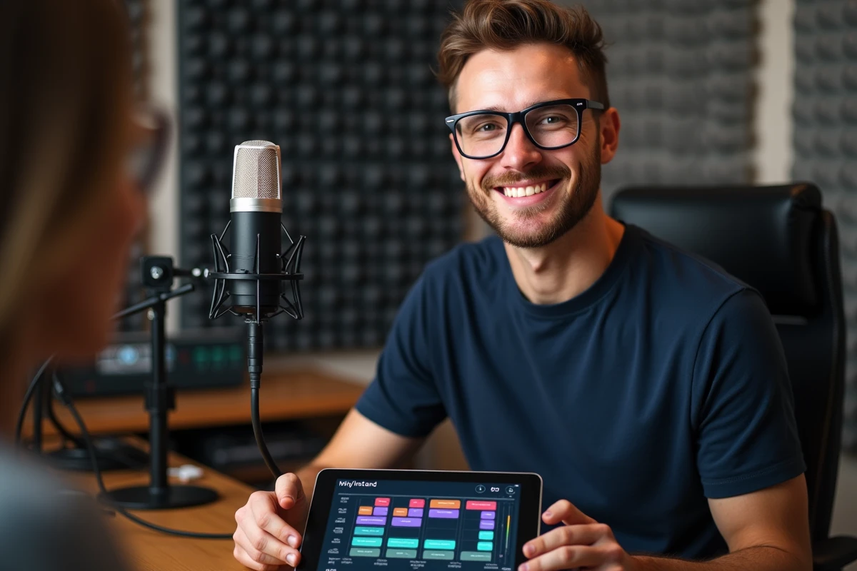 Podcasteur utilisant l'application My Instant sur tablette pour gérer des boutons sonores personnalisés en studio