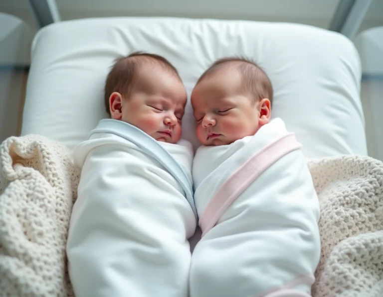 Deux bébés jumeaux nouveau-nés allongés côte à côte dans un berceau de maternité, enveloppés dans des langes blancs doux