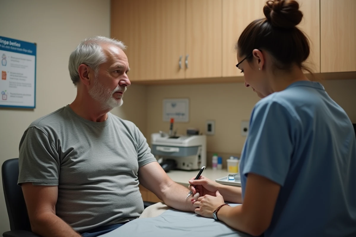 Prise de sang chez un patient pour diagnostiquer une anomalie des granulocytes en cabinet médical