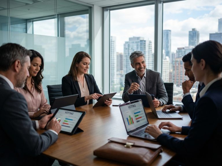 Groupe de professionnels en réunion utilisant des tablettes