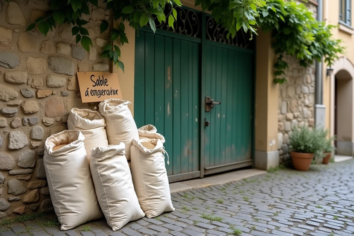 Sacs de sable gratuit à emporter posés contre un mur en pierre avec une pancarte manuscrite dans un village français