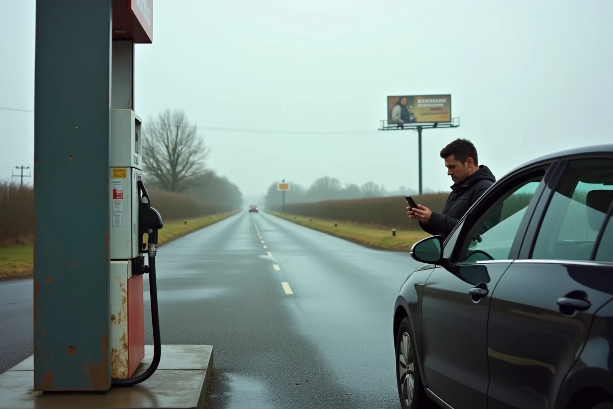 Station essence française en bord de route avec conducteur cherchant où payer par chèque