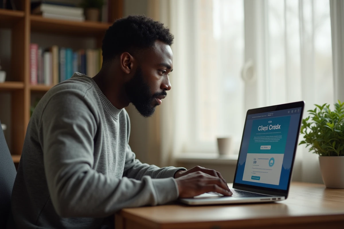 Homme vérifiant l'état de sa demande de visa en ligne depuis son bureau à domicile