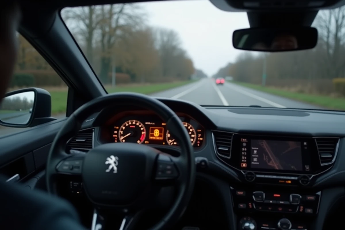 Tableau de bord intérieur d'un Peugeot 5008 avec voyant orange allumé visible sur le combiné d'instruments pendant la conduite