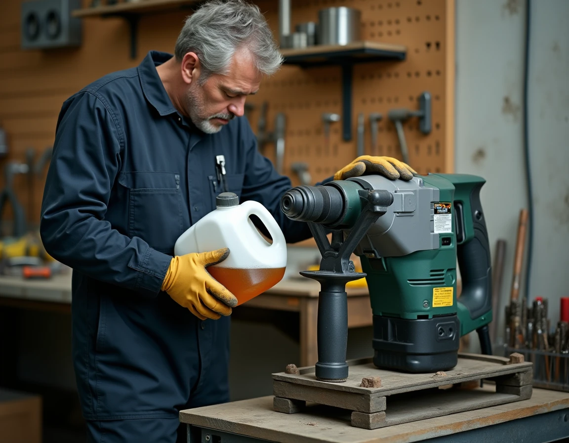 Technicien versant de l'huile équivalente Turmopol 20 HD dans le réservoir d'un perforateur Hilti sur un établi d'atelier professionnel