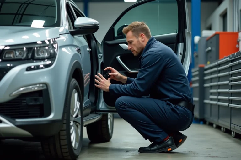 Technicien automobile inspectant le tableau de bord d'un Peugeot 5008 avec voyant orange allumé dans un garage professionnel
