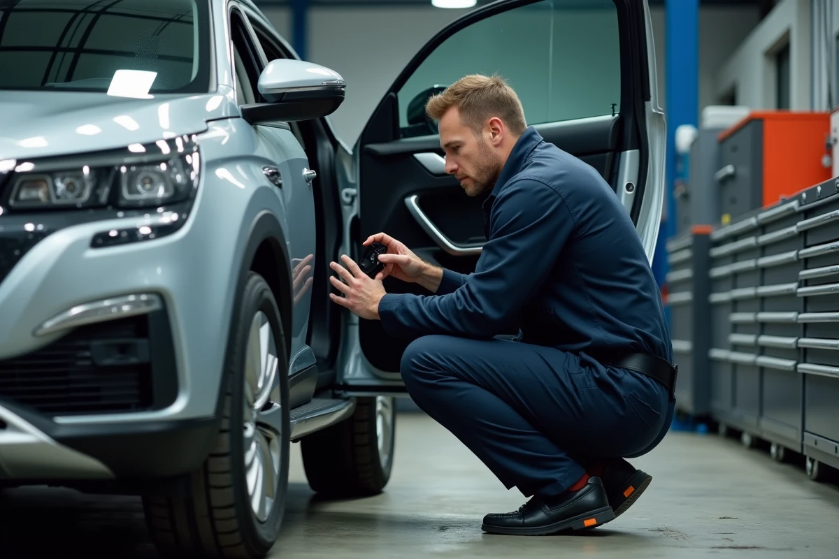 Technicien automobile inspectant le tableau de bord d'un Peugeot 5008 avec voyant orange allumé dans un garage professionnel