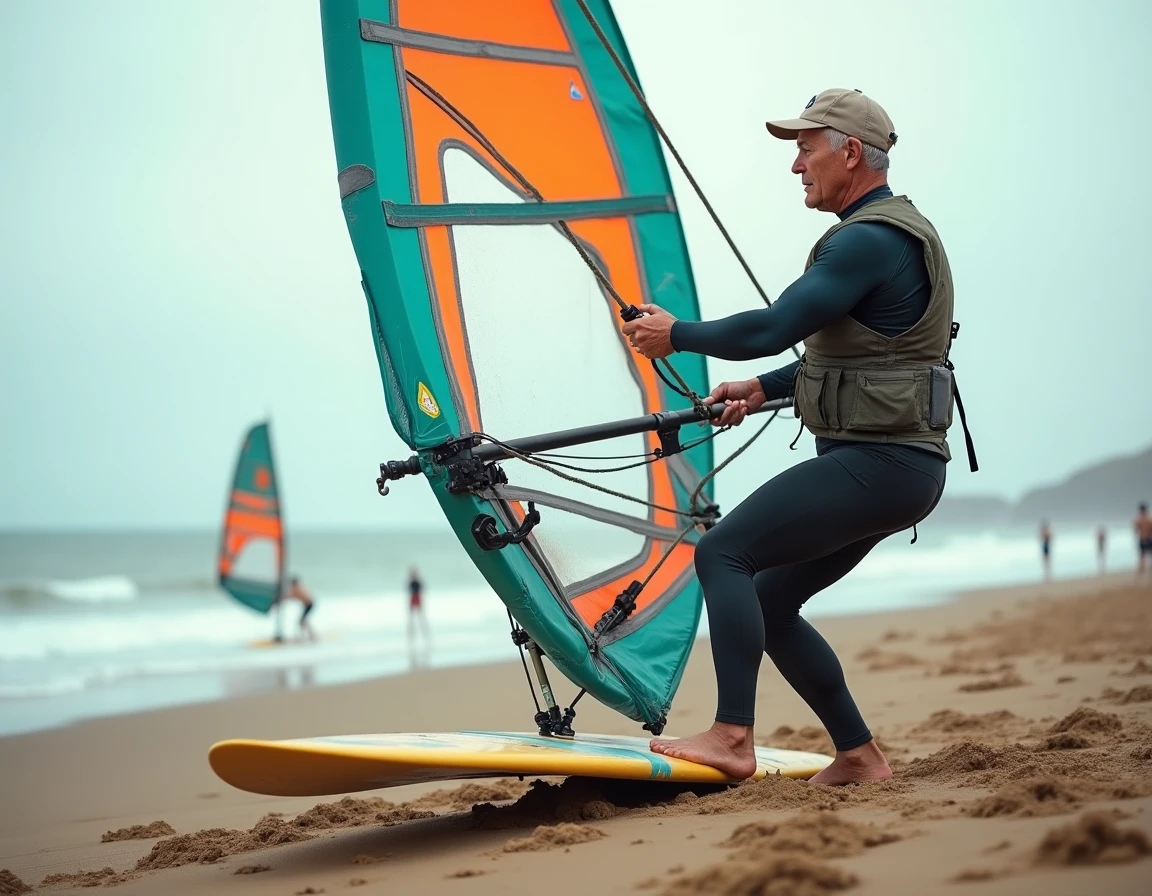 Vétéran du windsurf en train de greffer sa voile sur une plage de sable volcanique, scène d'entraînement authentique